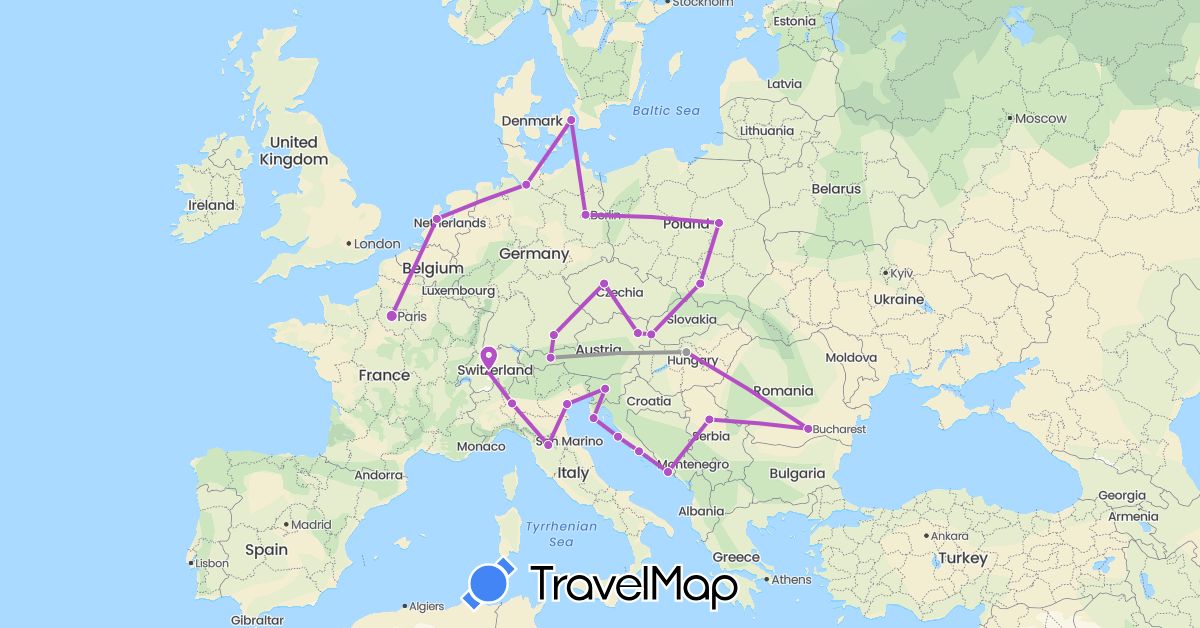 TravelMap itinerary: driving, plane, train in Austria, Switzerland, Czech Republic, Germany, Denmark, France, Croatia, Hungary, Italy, Netherlands, Poland, Romania, Serbia, Slovenia, Slovakia (Europe)